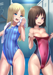 Rule 34 | 2girls, areola slip, black hair, blonde hair, bosshi, breasts, cameltoe, cleft of venus, clothes pull, collarbone, competition swimsuit, covered erect nipples, covered navel, highres, indoors, long hair, looking at breasts, medium breasts, multiple girls, one-piece swimsuit, one-piece swimsuit pull, open mouth, original, short hair, small breasts, swimsuit, towel, wet