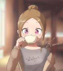 Rule 34 | 1girl, absurdres, blurry, blurry background, brown hair, brown jacket, bunmyan, commentary request, cup, dated, drinking, grey shirt, hair bun, highres, indoors, jacket, looking at viewer, original, pink eyes, shirt, short hair, single hair bun, solo, teacup, upper body