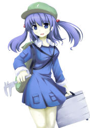 Rule 34 | 1girl, backpack, bad id, bad pixiv id, bag, blue dress, blue eyes, blue hair, blue skirt, briefcase, caliper, collar, dress, female focus, frilled collar, frills, hair bobbles, hair ornament, hat, kawashiro nitori, looking at viewer, matching hair/eyes, open mouth, sanpei (artist), short hair, simple background, skirt, sleeves rolled up, smile, solo, standing, touhou, twintails, two side up, white background