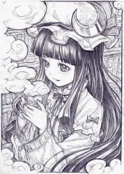 Rule 34 | 1girl, blunt bangs, blush, crescent, crescent hat ornament, cup, face, female focus, graphite (medium), greyscale, hat, hat ornament, highres, light smile, lips, monochrome, patchouli knowledge, sakino shingetsu, sketch, smile, solo, steam, tea, teacup, touhou, traditional media