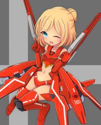 Rule 34 | 1girl, blonde hair, blue eyes, commentary request, dual wielding, full body, hair bun, highres, holding, holding weapon, inon, knees together feet apart, megami device, navel, one eye closed, open mouth, short hair, single hair bun, solo, weapon