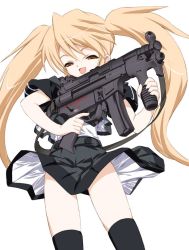 Rule 34 | 1girl, angel gear, artistic error, black thighhighs, blonde hair, brown eyes, cover, cover page, gun, h&amp;k mp5, h&amp;k mp5k, heckler &amp; koch, keuma, long hair, open mouth, oversized object, panties, pantyshot, simple background, smile, solo, standing, striped clothes, striped panties, submachine gun, therapia pharmakon, thighhighs, twintails, underwear, very long hair, weapon, white background