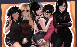 Rule 34 | 5girls, absurdres, adidas, angry, black hair, black nails, blonde hair, blue eyes, blush, crossed arms, fishnets, glasses, grabbing another&#039;s ass, groping, health (band), highres, jessie (veyonis), kadence (veyonis), latvian flag, mika (veyonis), multiple girls, piercing, rosen (veyonis), shirt, shy, t-shirt, tomboy, veyonis, yuna (veyonis)