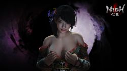Rule 34 | 1girl, 3d, black hair, brown eyes, covering privates, covering breasts, highres, nioh, off shoulder, okatsu (nioh), solo