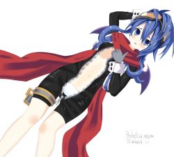 Rule 34 | 1girl, absurdres, artist name, blue eyes, blue hair, blush, d:, gloves, helvetica std, highres, long hair, looking at viewer, lying, navel, neptune (series), nippon ichi (neptunia), on back, open mouth, scarf, simple background, solo, underwear, white background