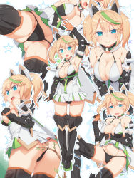 Rule 34 | 1girl, aqua eyes, arm up, armpits, ass, bare shoulders, black gloves, black panties, black thighhighs, blonde hair, blush, boots, breasts, cameltoe, cleavage, cleft of venus, elbow gloves, from behind, from below, gene (pso2), gloves, green hair, hair between eyes, highres, large breasts, long hair, looking at viewer, looking back, multicolored hair, multiple views, open mouth, panties, panty pull, phantasy star, phantasy star online 2, simple background, smile, spread legs, tachimi (basue), thigh boots, thighhighs, thong, twintails, underwear, upskirt, waving, white background