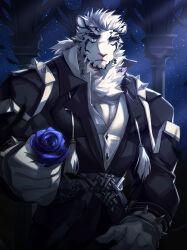 Rule 34 | 1boy, animal ears, arknights, bara, bare pectorals, black pants, black shirt, blue flower, blue rose, bracelet, commentary, english commentary, flower, furry, furry male, holding, holding flower, jewelry, kuron (metokuron), looking at viewer, moonlight, mountain (arknights), night, night sky, pants, pectorals, rose, shirt, sky, spiked bracelet, spikes, tears, tiger boy, tiger ears, tiger stripes, white fur