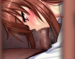 Rule 34 | 1girl, :&gt;=, blush, brown hair, censored, close-up, embarrassed, fellatio, highres, interracial, legs, long hair, looking down, lying, mosaic censoring, nose, nyamota, oral, original, penis, pink eyes, pubic hair, solo, thighs
