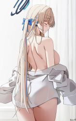 Rule 34 | 1girl, artist name, ass, back, bare shoulders, blonde hair, blue archive, blue hair, blue halo, blush, braid, breasts, closed eyes, closed mouth, cowboy shot, earpiece, from behind, hair ornament, halo, highres, keenh, large breasts, long hair, long sleeves, multicolored hair, official alternate hairstyle, shirt, signature, solo, streaked hair, toki (blue archive), white shirt