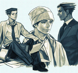 Rule 34 | 1boy, a k i, adam&#039;s apple, arm support, beanie, between legs, binder, black hair, book, capcom, dress shirt, facial hair, formal, ace attorney, apollo justice: ace attorney, hair slicked back, hat, hood, hoodie, jacket, lapel pin, looking to the side, lowres, male focus, monochrome, phoenix wright, necktie, paper, polka dot, polka dot background, profile, shirt, sitting, smile, spot color, standing, stubble, suit, t-shirt