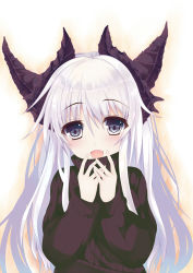 Rule 34 | 1girl, :d, fang, horns, kyona (konakona), long hair, looking at viewer, open mouth, original, ribbed sweater, grey eyes, silver hair, smile, solo, sweater