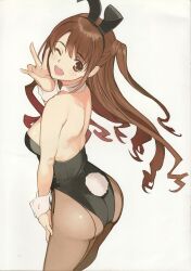 Rule 34 | 1girl, absurdres, animal ears, ass, bare shoulders, black leotard, breasts, brown eyes, brown hair, detached collar, fake animal ears, fake tail, hair ornament, hand up, highleg, highleg leotard, highres, idolmaster, idolmaster cinderella girls, leotard, long hair, looking back, medium breasts, mibu natsuki, one eye closed, open mouth, page number, playboy bunny, rabbit ears, rabbit tail, scan, shimamura uzuki, shiny clothes, simple background, smile, solo, strapless, strapless leotard, tail, teeth, upper teeth only, v, white background, wrist cuffs