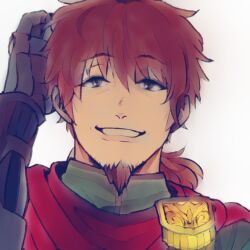 Rule 34 | 1boy, brown hair, facial hair, fate/grand order, fate (series), gloves, goatee, hand up, hector (fate), long hair, looking at viewer, male focus, mature male, ponytail, portrait, scratching head, smile, solo, yaso80hachi