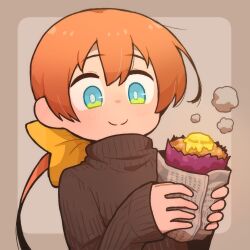 1girl blue_eyes blush bow bright_pupils brown_sweater butter closed_mouth commentary_request food green_eyes hair_bow highres holding holding_food long_hair long_sleeves looking_at_food low_ponytail orange_hair original roasted_sweet_potato smile solo steam sweater sweet_potato takurada turtleneck turtleneck_sweater two-tone_eyes upper_body white_pupils yellow_bow