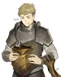 Rule 34 | 1boy, :q, absurdres, animal helmet, arm grab, armor, blonde hair, chainmail, creature, dungeon meshi, flying sweatdrops, gauntlets, gorget, helmet, highres, holding, holding helmet, hungry, korean commentary, laios touden, living armor, long sleeves, looking down, male focus, out of frame, p (pm 611a), pauldrons, plate armor, shirt, short hair, shoulder armor, simple background, tongue, tongue out, unworn headwear, unworn helmet, upper body, vambraces, white background, white shirt, yellow eyes