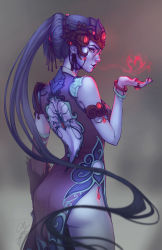 Rule 34 | 1girl, absurdres, alternate costume, alternate hairstyle, armband, ass, back cutout, back tattoo, bangle, black hair, black lily widowmaker, blowing kiss, bracelet, breasts, china dress, chinese clothes, clothing cutout, colored skin, dress, from behind, head-mounted display, highres, jewelry, lipstick, long dress, long hair, looking at viewer, looking back, makeup, medium breasts, nose, overwatch, overwatch 1, pauldrons, purple dress, purple lips, purple skin, ring, shoulder armor, side slit, single pauldron, solo, spider tattoo, tattoo, updo, very long hair, whitney lanier, widowmaker (overwatch), yellow eyes