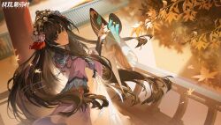 alternate_costume architecture artist_request autumn_leaves balcony black_hair blue_eyes china_dress chinese_clothes dress east_asian_architecture hair_ornament highres kite leaf long_hair looking_at_viewer maple_leaf official_alternate_costume official_art pillar punishing:_gray_raven qu_(pgr)