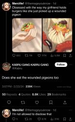 Rule 34 | 1boy, 2girls, absurdres, black hair, blonde hair, blue eyes, burger, claws, commentary, dark-skinned male, dark skin, darya chi, dungeon meshi, eating, english commentary, english text, fake screenshot, falin touden, falin touden (chimera), fangs, feathers, food, hands up, highres, holding, holding burger, holding food, kabru, marcille donato, monster girl, multiple girls, open mouth, smile, tumblr username, twitter, watermark