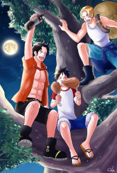Rule 34 | 3boys, brothers, eating, food, male focus, meat, monkey d. luffy, multiple boys, night, one piece, portgas d. ace, sabo (one piece), siblings, tree, yun (artist)