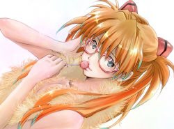 Rule 34 | 1girl, alternate hairstyle, bespectacled, blue eyes, breasts, brown hair, candy, cleavage, feather boa, female focus, food, glasses, hair ornament, hand in own hair, lollipop, long hair, looking at viewer, nagisa-a, naked scarf, neon genesis evangelion, rebuild of evangelion, scarf, solo, souryuu asuka langley, topless, topless frame, twintails, upper body