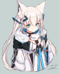Rule 34 | 1girl, animal ears, black choker, blue background, braid, choker, commentary request, dog tags, fox ears, fox girl, fur-trimmed jacket, fur trim, hair between eyes, hair ornament, hairclip, highres, hololive, inre kemomimi, jacket, long hair, looking at viewer, open clothes, open jacket, shirakami fubuki, shirakami fubuki (fubukitek), shirt, sidelocks, signature, simple background, single braid, solo, twintails, virtual youtuber, white jacket, white shirt