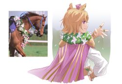 Rule 34 | 1girl, 1other, animal ears, cape, commentary, creature and personification, crown, horse, horse ears, kaulen.f, long sleeves, mini crown, orange hair, photo-referenced, pink cape, real life, reference inset, t.m. opera o (racehorse), t.m. opera o (umamusume), umamusume, upper body