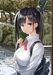 Rule 34 | 1girl, bag, black eyes, black hair, blue eyes, breast hold, breasts, buttons, character request, coffee cat, collared shirt, dress shirt, holding, large breasts, long sleeves, looking at viewer, looking to the side, neck ribbon, original, outdoors, ribbon, school bag, school uniform, shirt, short hair with long locks, shoulder bag, smile, solo, striped ribbon, upper body, white shirt, wing collar