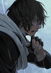 Rule 34 | 1boy, bags under eyes, black gloves, black hair, black jumpsuit, boku no hero academia, eraser head (boku no hero academia), fingerless gloves, fingernails, from side, gloves, grey background, grey scarf, highres, jumpsuit, male focus, messy hair, parted lips, profile, rain, rnuyvm, scarf, short hair, solo, wiping face