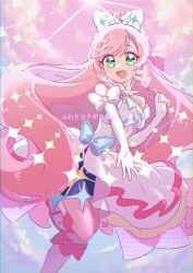 Rule 34 | 1girl, ahoge, ascot, blue bow, boots, bow, braid, brooch, commentary, cure prism, dress, dress bow, earrings, elbow gloves, french braid, gloves, green eyes, hair bow, heart, heart ahoge, highres, hirogaru sky! precure, jewelry, layered dress, leg up, long hair, looking at viewer, magical girl, nijigaoka mashiro, open mouth, pink hair, precure, short dress, side braid, single earring, sleeveless, sleeveless dress, smile, solo, sparkle, standing, standing on one leg, twin braids, usiusi nanas, very long hair, white ascot, white bow, white dress, white footwear, white gloves, wing brooch