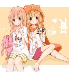 Rule 34 | 2girls, animal costume, barefoot, bike shorts, blonde hair, brown eyes, clothes writing, cosplay, costume switch, crossover, doma umaru, doma umaru (cosplay), feet, futaba anzu, futaba anzu (cosplay), game console, handheld game console, highres, himouto! umaru-chan, hood, huwari (dnwls3010), idolmaster, idolmaster cinderella girls, long hair, multiple girls, off shoulder, playstation portable, season connection, shirt, simple background, smile, striped bike shorts, striped clothes, stuffed animal, stuffed rabbit, stuffed toy, t-shirt, toenails, toes, trait connection, twintails