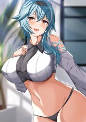 Rule 34 | 1girl, absurdres, aqua hair, black panties, blurry, blurry background, blush, breasts, brown eyes, commentary request, couch, crossed bangs, eula (genshin impact), genshin impact, highres, indoors, large breasts, long hair, looking at viewer, mero en e, navel, open mouth, panties, shirt, smile, solo, stomach, teeth, underwear, upper teeth only, white shirt
