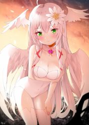 Rule 34 | 1girl, ahoge, bare arms, bare shoulders, blush, breasts, cleavage, closed mouth, collarbone, commentary request, covered navel, feathered wings, flower, hair between eyes, hair flower, hair ornament, hair ribbon, head wings, highres, leaning forward, leotard, long hair, looking at viewer, lucielle, medium breasts, original, outdoors, red eyes, red ribbon, ribbon, sana hamada, solo, strapless, strapless leotard, sunset, thighhighs, very long hair, white flower, white hair, white leotard, white thighhighs, white wings, wings
