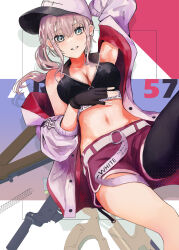 Rule 34 | 1girl, ar-57 (girls&#039; frontline), bare shoulders, baseball cap, belt, black gloves, black thighhighs, breasts, commentary, crop top, dolphin shorts, fingerless gloves, girls&#039; frontline, gloves, green eyes, hat, highres, jacket, large breasts, long sleeves, looking at viewer, midriff, navel, open clothes, open jacket, pink hair, red shorts, reraise, shorts, side ponytail, single thighhigh, smile, solo, thighhighs, white belt, white jacket
