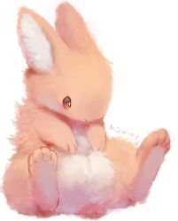 Rule 34 | animal focus, bad id, bad pixiv id, rabbit, commentary request, full body, highres, manino (mofuritaionaka), no humans, orange eyes, signature, simple background, sitting, solo, white background