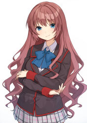 Rule 34 | 1girl, a-chan senpai, black jacket, blazer, blue bow, blue bowtie, blue eyes, bow, bowtie, brown hair, collared shirt, crossed arms, dress, dress shirt, jacket, kud wafter, little busters!, little busters! school uniform, long hair, mitsuyo (mituyo324), plaid, plaid skirt, pleated dress, school uniform, shirt, simple background, skirt, smile, solo, white background, white shirt