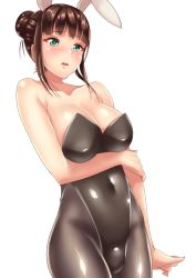 Rule 34 | 10s, 1girl, alternate costume, animal ears, arm grab, bare arms, bare shoulders, black leotard, blush, breast hold, breasts, brown hair, cleavage, collarbone, covered navel, embarrassed, extra ears, fake animal ears, female focus, green eyes, hair bun, hamaguchi ayame, highleg, highleg leotard, idolmaster, idolmaster cinderella girls, large breasts, leotard, looking down, neck, open mouth, pantyhose, parted lips, playboy bunny, rabbit ears, round teeth, shiny clothes, shiny skin, short hair, shy, sidelocks, simple background, single hair bun, solo, strapless, strapless leotard, takeda seiji, teeth, white background