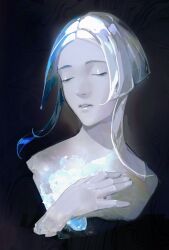 Rule 34 | 1other, absurdres, androgynous, black background, blue hair, closed eyes, commentary, cropped shoulders, crystal, crystal hair, euclase (houseki no kuni), hand on own chest, highres, houseki no kuni, limart, multicolored hair, parted lips, short hair with long locks, simple background, white hair