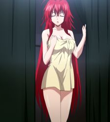 Rule 34 | 10s, 1girl, breasts, cleavage, closed eyes, female focus, high school dxd, highres, large breasts, long hair, red hair, rias gremory, solo, standing, stitched, third-party edit, towel