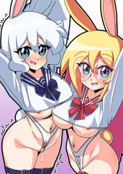 Rule 34 | 2girls, acefish, ami (acefish), arms up, blonde hair, blue eyes, blue ribbon, blush, breasts, cameltoe, covered erect nipples, crop top, glasses, hair between eyes, happy, large breasts, long hair, mary (acefish), motion lines, multicolored eyes, multicolored hair, multiple girls, navel, nervous, nervous smile, nipple slip, nipples, open mouth, original, pink eyes, pink hair, rabbit ears, rabbit girl, rabbit tail, red ribbon, revealing clothes, ribbon, round eyewear, school uniform, serafuku, simple background, smile, sweat, thigh strap, thighs, white hair