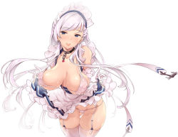 Rule 34 | 1girl, apron, azur lane, belfast (azur lane), blue eyes, blue hairband, bonnet, braid, breasts, chain, choker, cleavage, collar, collarbone, commentary request, corset, frills, garter straps, hair between eyes, hairband, highres, large breasts, long hair, open mouth, solo, swept bangs, thomasz, white apron, white background, white hair