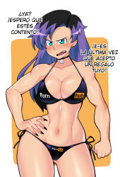Rule 34 | 1girl, absurdres, angry, bikini, black bikini, black hair, black nails, blue eyes, blush, breasts, choker, cleavage, clothes writing, collarbone, earrings, fang, fingernails, hand on own hip, highres, jewelry, large breasts, long hair, looking at viewer, multicolored hair, navel, open mouth, pornhub, purple hair, sharp fingernails, side-tie bikini bottom, sidney (zeshgolden), spanish text, standing, sweat, swimsuit, teeth, two-tone hair, white background, zeshgolden