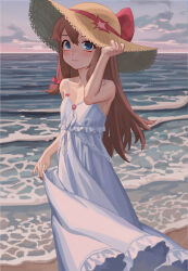 Rule 34 | 1girl, a-soul, absurdres, bare shoulders, beach, blue eyes, bow, breasts, brown hair, chinese commentary, closed mouth, cloud, cloudy sky, collarbone, commentary request, diana (a-soul), double-parted bangs, dress, feet out of frame, frilled dress, frills, gradient sky, hair between eyes, hair bow, hand up, hat, hat bow, hat ribbon, highres, lace trim, long hair, looking at viewer, nail polish, necktie, ocean, outdoors, qpalql, red bow, red necktie, red ribbon, ribbon, sidelocks, skirt hold, sky, sleeveless, sleeveless dress, small breasts, solo, standing, straw hat, sun hat, water, white dress