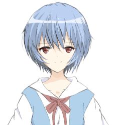 Rule 34 | 1girl, ayanami rei, blouse, blue hair, closed mouth, commentary request, core (mayomayo), hair between eyes, highres, looking at viewer, neck ribbon, neon genesis evangelion, red eyes, red ribbon, ribbon, school uniform, shirt, short hair, simple background, smile, solo, tokyo-3 middle school uniform, upper body, white background, white shirt