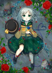 Rule 34 | 1girl, ankle boots, aqua hair, blouse, boots, fish, flower, from above, green hair, hand on own stomach, hat, unworn hat, unworn headwear, heart, heart of string, highres, jiryuu (time tide), knee up, komeiji koishi, long sleeves, looking at viewer, lying, on back, open mouth, partially submerged, red flower, red rose, rock, rose, shirt, short hair, skirt, solo, third eye, touhou, water, wide sleeves