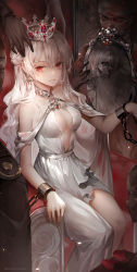 Rule 34 | 1boy, 1girl, a maru, absurdres, breasts, chain, choker, cleavage, crack, crown, cuffs, dress, earrings, english text, hair bun, highres, jewelry, long hair, looking at viewer, medium breasts, mirror, open mouth, original, parted lips, red eyes, scenery, shackles, single hair bun, sitting, skeleton, white dress, white hair