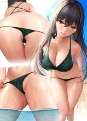 Rule 34 | 1girl, :d, ass, bad id, bad pixiv id, bare arms, bare legs, bare shoulders, beach, bikini, black hair, blue sky, blush, breasts, brown eyes, cameltoe, cleavage, cleft of venus, clothes pull, collarbone, day, green bikini, hair between eyes, in water, large breasts, leaning forward, long hair, looking at viewer, mhru, mole, mole on ass, multiple views, nail polish, navel, one-piece swimsuit pull, open mouth, original, outdoors, parted lips, sky, sleeveless, smile, swimsuit, undressing, wading, water, wet, wet clothes, wet swimsuit, yellow eyes