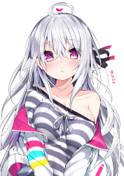 Rule 34 | 1girl, ahoge, armpit crease, bare shoulders, black ribbon, blush, breasts, cleavage, collarbone, commentary request, cropped jacket, hair between eyes, hair ribbon, heart, highres, jacket, kamioka shun&#039;ya, long hair, long sleeves, looking at viewer, medium breasts, off shoulder, open clothes, open jacket, original, parted lips, purple eyes, ribbon, shirt, sidelocks, silver hair, simple background, solo, striped clothes, striped ribbon, striped shirt, upper body, v arms, white background, white jacket