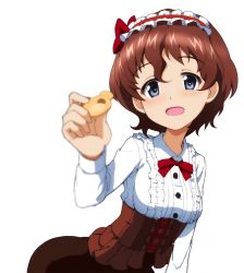Rule 34 | 1girl, akaboshi koume, arched back, blue eyes, blurry, blush, bow, bowtie, breasts, brown hair, brown skirt, collared shirt, cookie, corset, depth of field, food, foreshortening, frilled shirt, frills, girls und panzer, girls und panzer senshadou daisakusen!, hair between eyes, hair bow, hairband, holding, holding cookie, holding food, kayabakoro, lolita hairband, long sleeves, open mouth, outstretched arm, red bow, shirt, short hair, skirt, small breasts, wavy hair, white background, white shirt