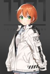 Rule 34 | 10s, 1girl, bow, breasts, commentary request, diagonal stripes, green eyes, grey background, grey bow, grey skirt, hair between eyes, happy birthday, high-waist skirt, highres, hoshizora rin, jacket, long sleeves, looking at viewer, love live!, love live! school idol project, orange hair, parted lips, pleated skirt, puffy long sleeves, puffy sleeves, shirt, short hair, skirt, sleeves past fingers, sleeves past wrists, small breasts, solo, standing, striped, striped bow, umeno, white jacket, white shirt