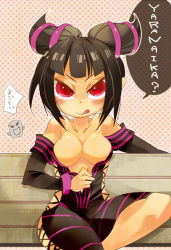 Rule 34 | 1girl, :q, alternate costume, bad id, bad pixiv id, bare shoulders, bench, black hair, breasts, capcom, cleavage, detached sleeves, drill hair, han juri, kuso miso technique, large breasts, licking lips, naughty face, no bra, parody, pointy hair, purple eyes, red eyes, seth (street fighter), short hair, sitting, solo, strapless, street fighter, street fighter iv (series), tk (hibatidori), tongue, tongue out, twin drills, twintails, unzipped, yaranaika